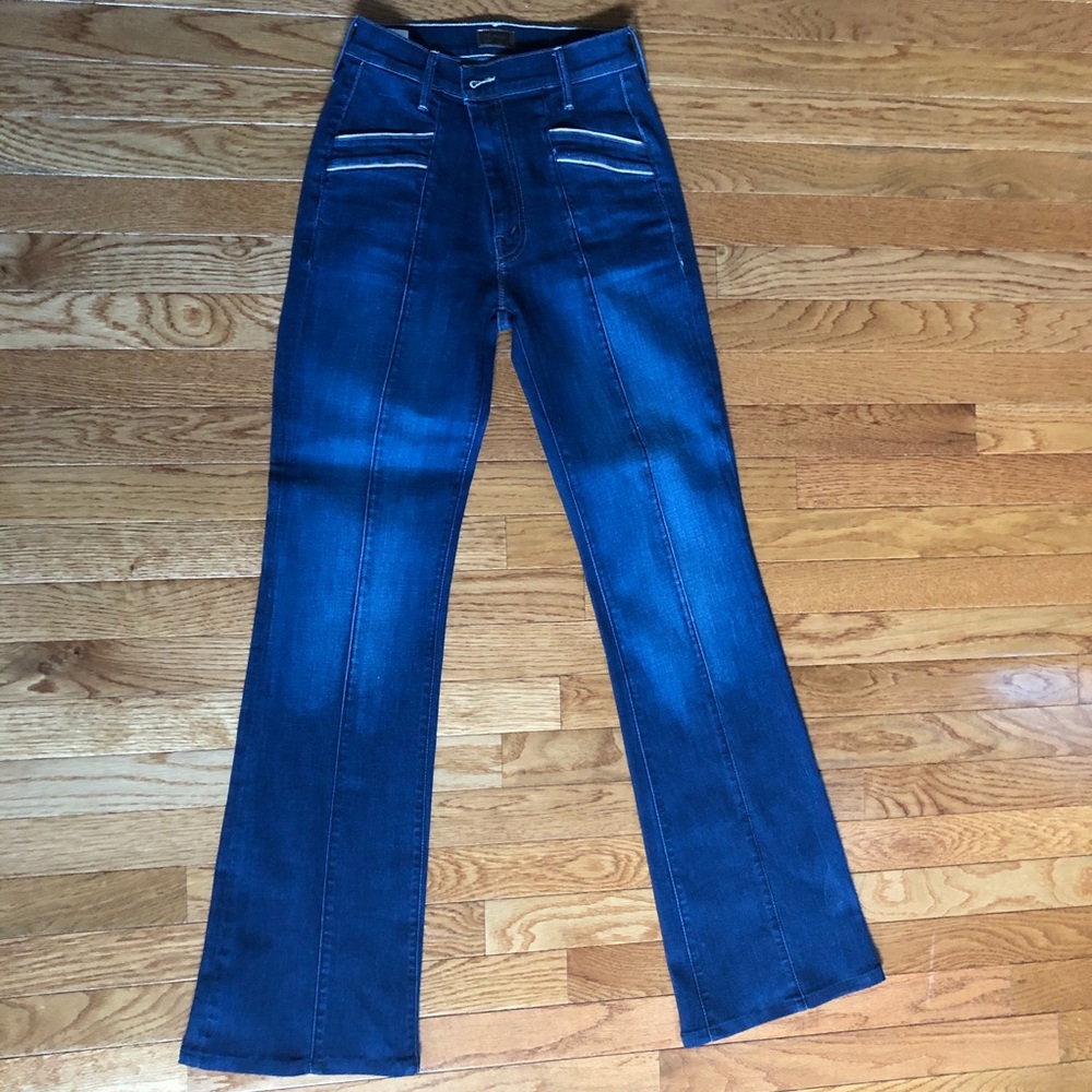 Dark denim flare jeans with pocket detail